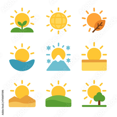 Seasonal Sun Icons. Flat icon set of sun in seasons: spring sun, summer sun, autumn sun, winter sun, tropical