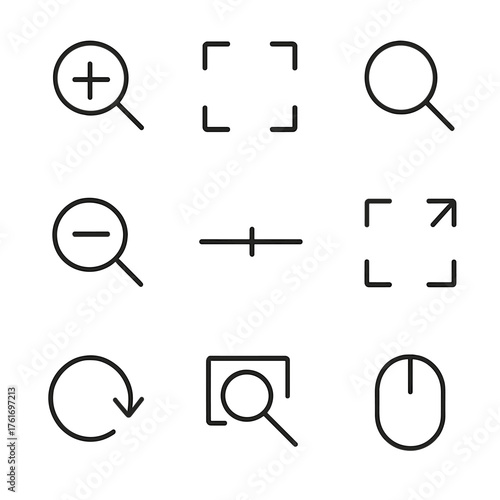 Zoom Control Icons. Outline icon set of zoom controls: plus magnifier, minus magnifier, zoom fit, zoom in,