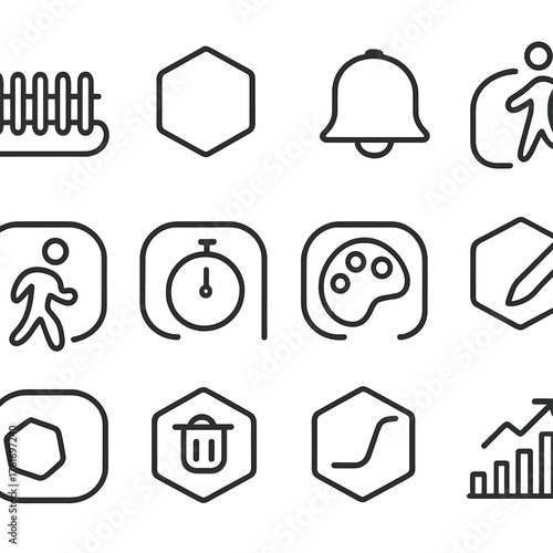 Geofence Region Icons. Outline icon set of geofence regions: fence boundary, polygon region, alert bell, enter