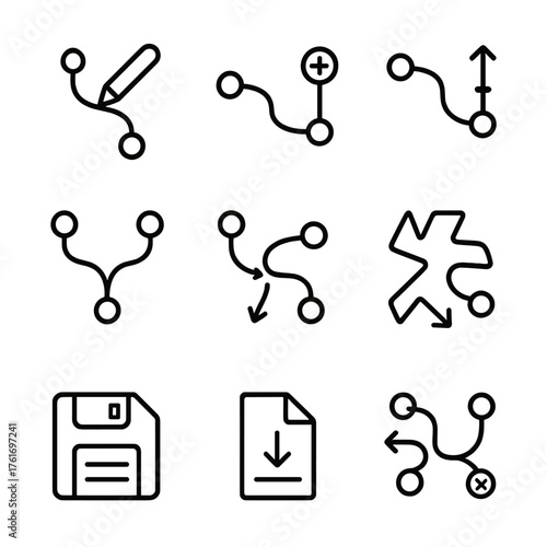 Route Editing Icons. Outline icon set of route editing: edit path, add waypoint, remove waypoint, drag segment