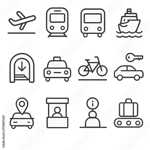 Transportation Hub Icons. Outline icon set of transportation hubs: airport icon, train station, bus terminal,