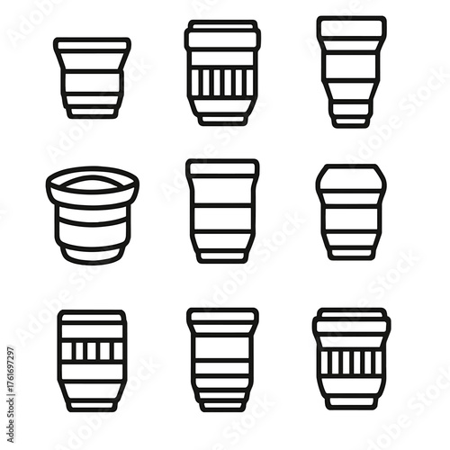 Camera Lens Icons. Outline icon set of camera lenses: prime lens, zoom lens, telephoto lens, wide-angle lens,