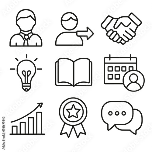 Mentorship Icons Grid. Outline icon set of employee onboarding: welcome mat, ID badge, orientation guide,