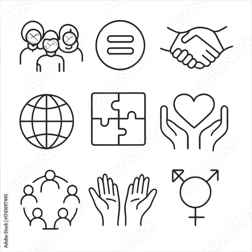 Diversity Icon Set. Outline icon set of virtual meetings: webcam, video screen, mute mic, raise hand,