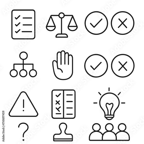 Decision Icons Grid. Outline icon set of time management: clock face, calendar, stopwatch, hourglass, deadline