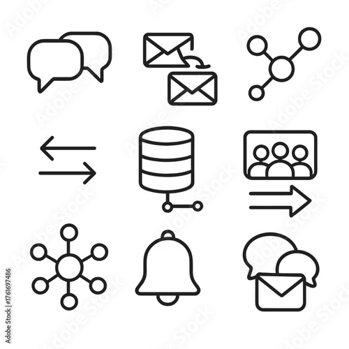 Communication Icons Grid. Outline icon set of team building activities: tug of war, puzzle pieces, group