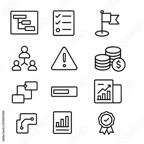 Project Management Icons. Outline icon set of project management: Gantt chart, checklist, milestone flag,