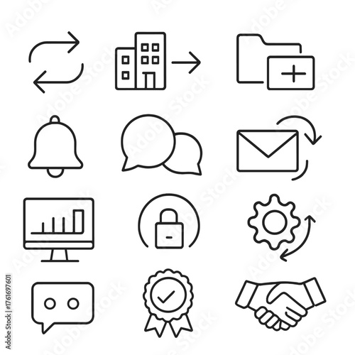 Cross-Department Sync Icons. Outline icon set of cross-department sync: two arrows, department icons, shared