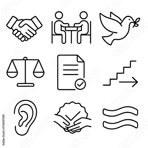 Conflict Resolution Icons. Outline icon set of conflict resolution: handshake, mediation table, peace dove,