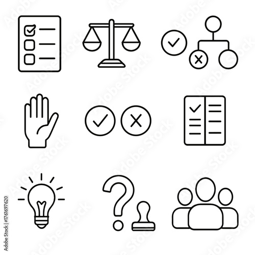 Decision Icons Grid. Outline icon set of decision making: checklist, weighing scales, yes/no buttons, decision