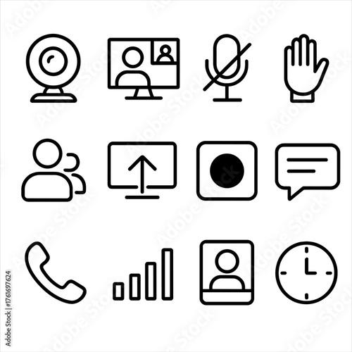 Virtual Meeting Icons. Outline icon set of virtual meetings: webcam, video screen, mute mic, raise hand,