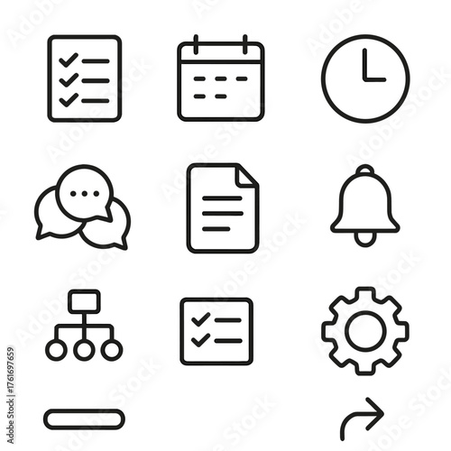 Productivity Tools Icons. Outline icon set of productivity tools: checklist, calendar, clock, chart, group