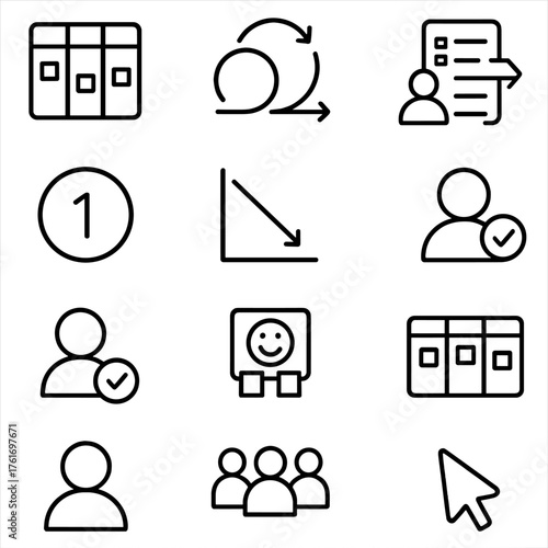 Набор иконок Scrum. Outline icon set of agile scrum: scrum board, sprint cycle, stand-up meeting, backlog list