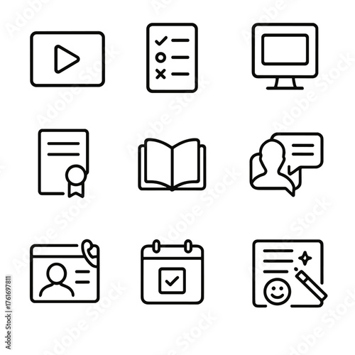 Training Icons Grid. Outline icon set of onboarding and training: tutorial play, checklist, LMS icon, quiz,