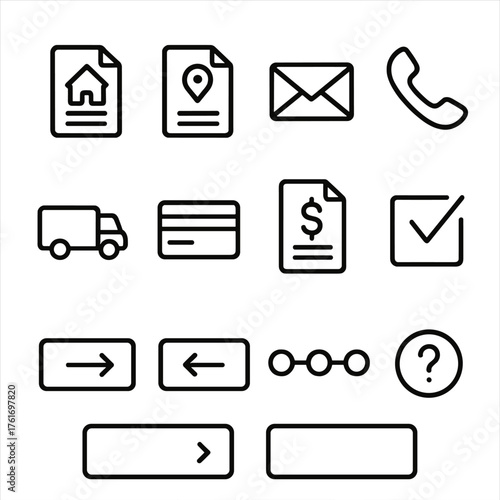 E-commerce Icon Set. Outline icon set of checkout flow: billing address, shipping address, contact email,
