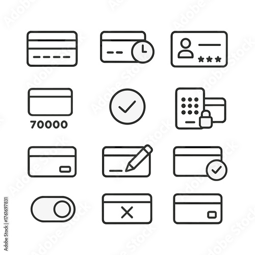 Card Icon Set. Outline icon set of card entry and validation: card number, expiry date, CVV, cardholder name,