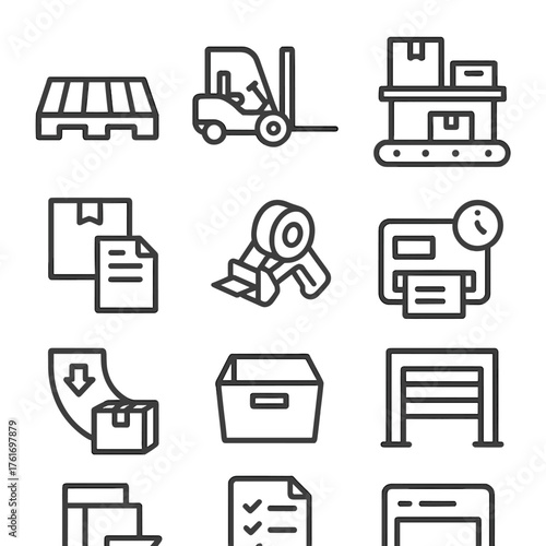 Warehouse Icons Grid. Outline icon set of warehouse and fulfillment: pallet, forklift, conveyor, packing