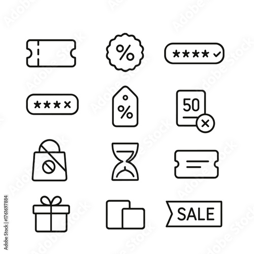 Promotional Icons Grid. Outline icon set of promotions and coupons: coupon ticket, percentage badge, promo