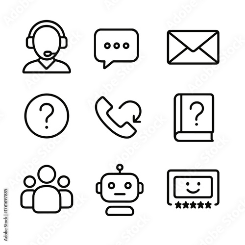 Customer Support Icons. Outline icon set of customer support: headset agent, live chat, email envelope, phone