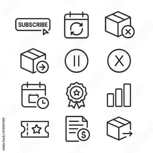 Subscription Icons Set. Outline icon set of subscriptions and memberships: subscribe button, delivery