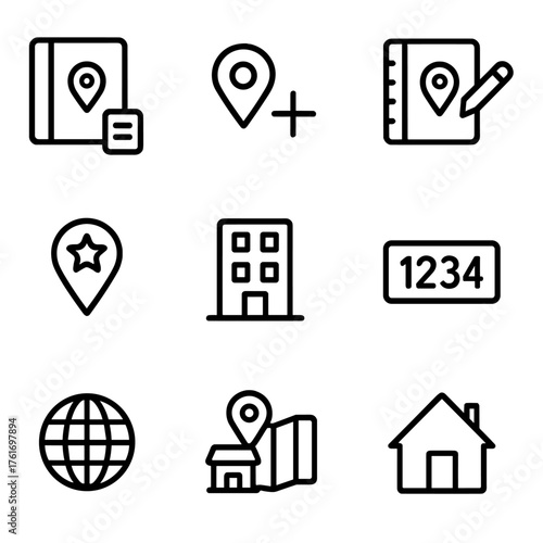 Checkout Address Icons. Outline icon set of checkout addresses: address book, add new address, edit address,