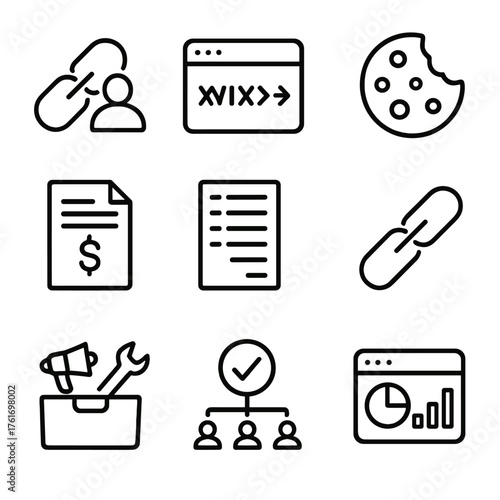 Affiliate Icons Grid. Outline icon set of affiliate marketing: partner link, tracking ID, referral cookie,