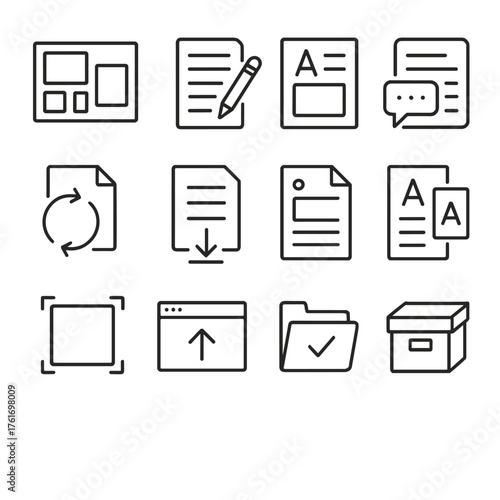 Creative Icons Grid. Outline icon set of creative production: moodboard, copy draft, design mockup, review