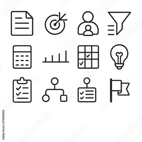 Campaign Planning Icons. Outline icon set of campaign planning: brief document, objectives, target audience,