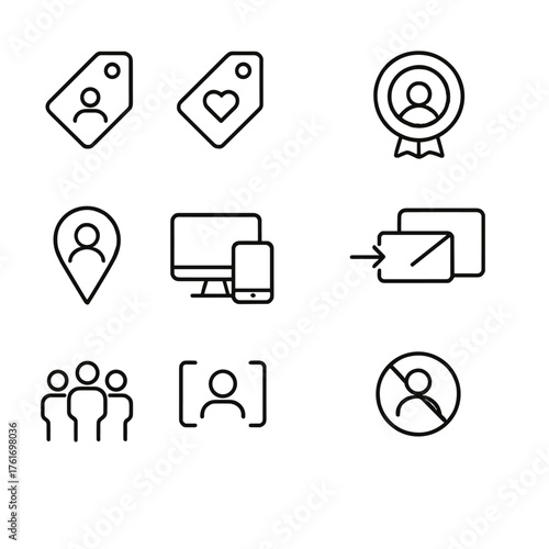 Audience Segmentation Icons. Outline icon set of audience segmentation: demographic tag, behavior tag,