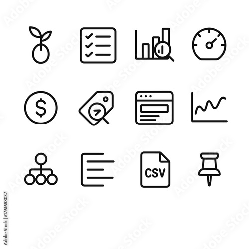 Keyword Research Icons. Outline icon set of keyword research: seed term, suggestions list, search volume,
