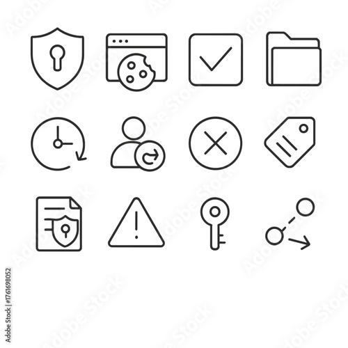 Privacy Compliance Icons. Outline icon set of privacy and compliance: GDPR shield, cookie banner, consent