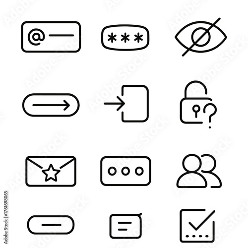 Authentication Icons Grid. Outline icon set of authentication: email field, password field, show password,