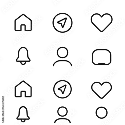 Navigation Icon Set. Outline icon set of bottom navigation: home tab, explore tab, create button, activity tab