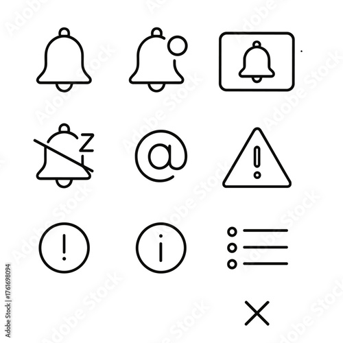 Notification Icon Set. Outline icon set of notifications and alerts: bell outline, push badge, in-app alert,