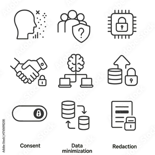 Privacy AI Icons Grid. Outline icon set of privacy-preserving AI: differential privacy, noise add, k-anonymity