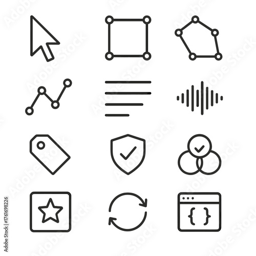 Data Labeling Icons. Outline icon set of data labeling: label tool, bounding box, polygon, keypoint, text span