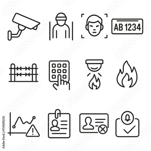 Security Icon Set. Outline icon set of security AI: CCTV, intrusion detect, face match, license plate,