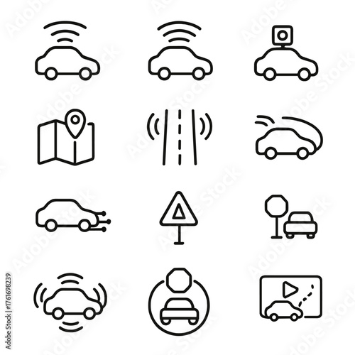 Autonomous Vehicles Icons. Outline icon set of autonomous vehicles: lidar, radar, camera, HD map, lane