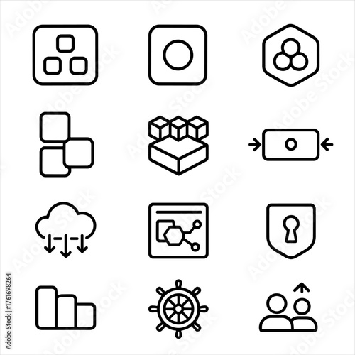 Kubernetes Icons Grid. Outline icon set of Kubernetes orchestration: cluster, node, pod, deployment, service,