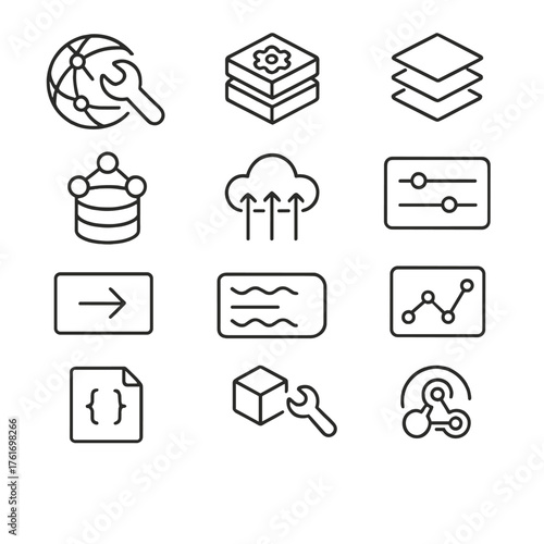 PaaS Platform Icons. Outline icon set of PaaS platforms: app service, buildpack, runtime stack, managed