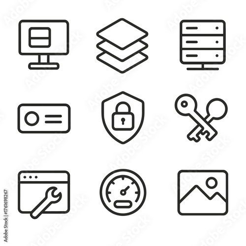 IaaS Icon Grid. Outline icon set of IaaS compute: compute instance, VM image, hypervisor, virtual disk,