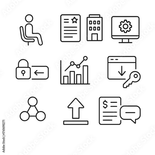 SaaS Operations Icons. Outline icon set of SaaS operations: user seat, subscription plan, tenant icon, admin