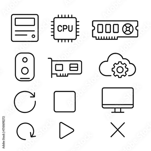 Virtual Machine Icon Grid. Outline icon set of virtual machines: instance type, CPU vcore, memory chip, GPU
