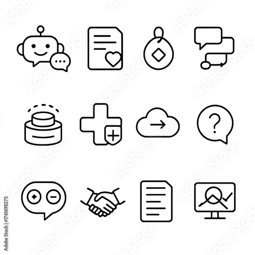 Conversational AI Icons. Outline icon set of conversational AI: chatbot head, NLU intent, entity tag, dialog