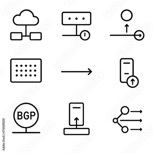 Network Icons Grid. Outline icon set of routing and subnets: private subnet, public subnet, route entry, next