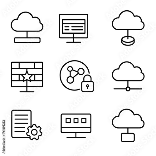 VPC Networking Icons. Outline icon set of VPC networking: VPC, subnet, route table, NAT gateway, internet