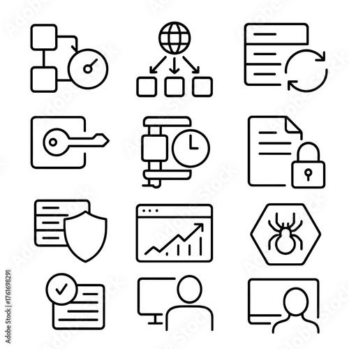 CDN Delivery Icons. Outline icon set of CDN delivery: edge cache, distribution, origin server, cache