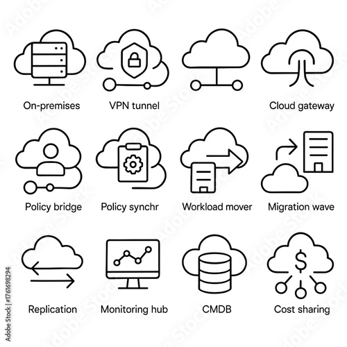 Hybrid Cloud Icon Set. Outline icon set of hybrid cloud: on-prem rack, VPN tunnel, direct connect, cloud