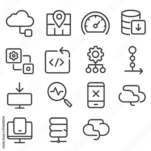 Иконки Edge Computing. Outline icon set of edge computing: edge node, PoP location, latency gauge, cache store