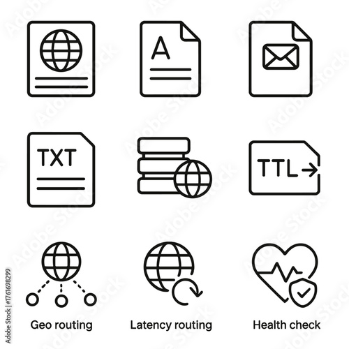 DNS Management Icons. Outline icon set of DNS management: hosted zone, A record, CNAME, MX record, TXT record,